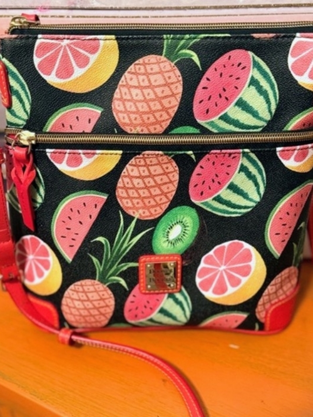 Dooney & Bourke  Ambrosia! Black Leather With Fruit Print Satchel, Red Trim